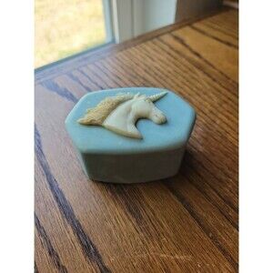Vtg Genuine Turquoise  Green Blue Incolay Stone Jewelry Trinket Box Unicorn RARE